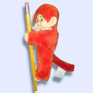Vintage Red Monchichi Monkey Clip-on Pencil Hugger Atlanta Novelty Rubber Face